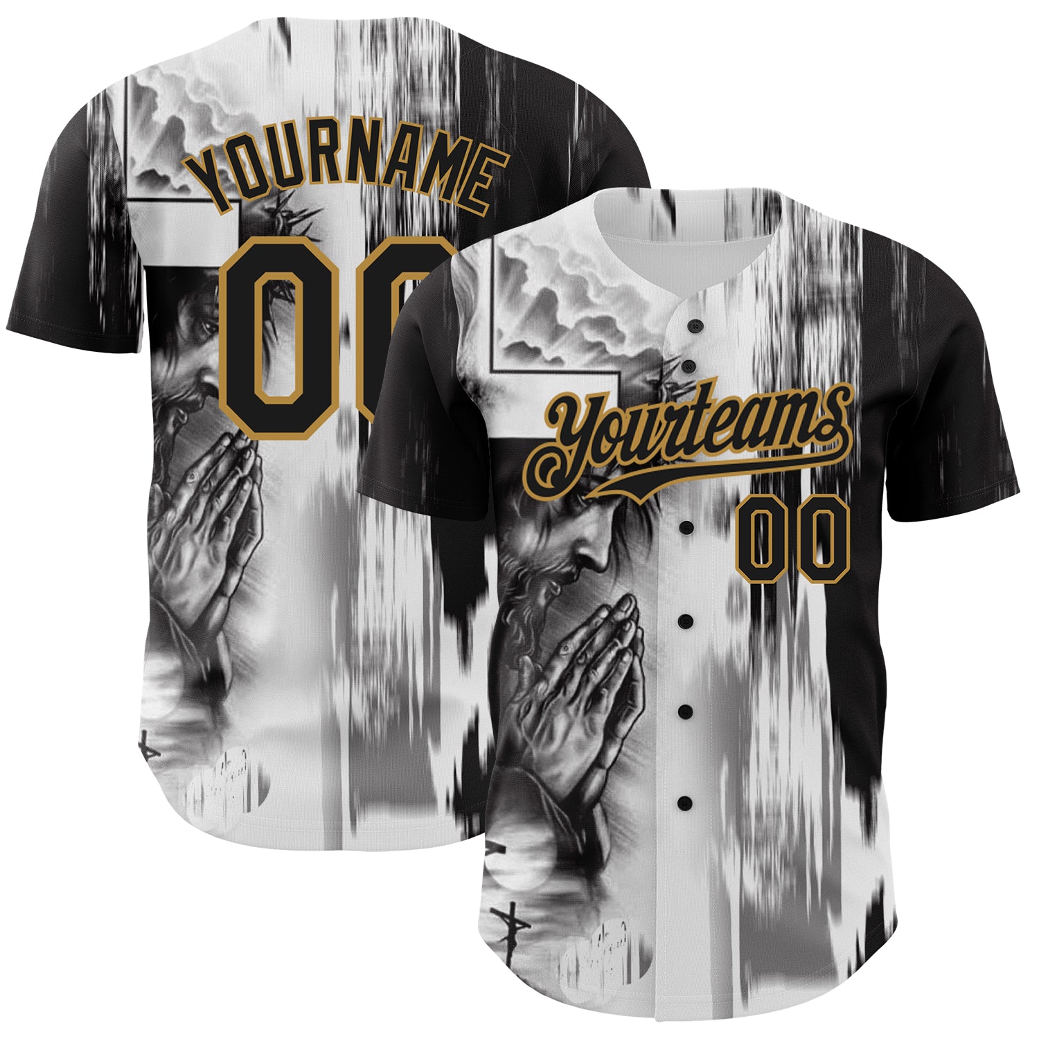 Personalized Jesus Christ Baseball Jersey Custom Name Number, 3D Pattern Design in White Black Old Gold Personalized White