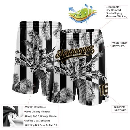 Custom 3D Pattern Basketball Shorts with Personalized Name and Number, White Black Gold Hawaii Palm Trees Design Personalized
