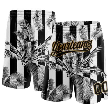 Custom 3D Pattern Basketball Shorts with Personalized Name and Number, White Black Gold Hawaii Palm Trees Design Personalized