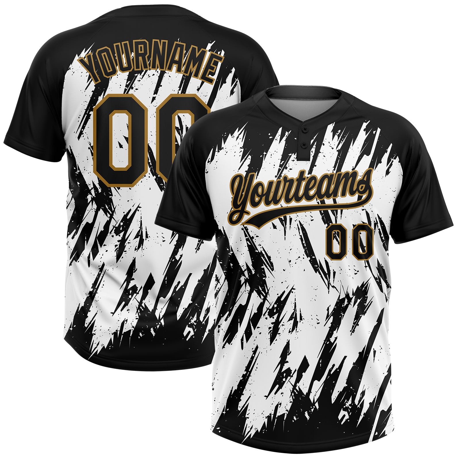 Custom Name and Number Unisex Softball Jersey - Personalized 3D Pattern White Black Old Gold Two-Button Design Personalized