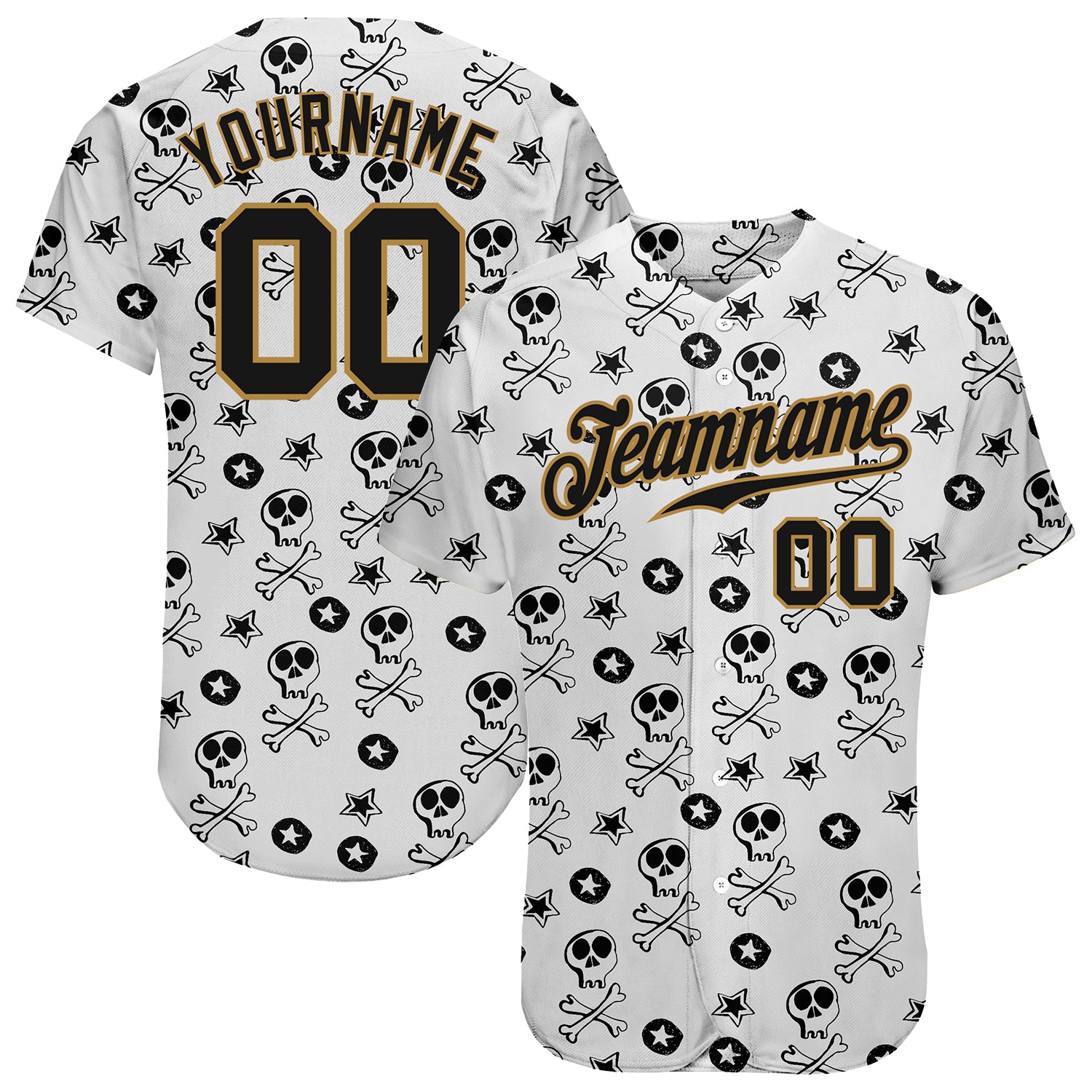 Custom 3D Skull Baseball Jersey - Personalized White Black Gold Design, Team Name & Number Personalized White Black-Old Gold