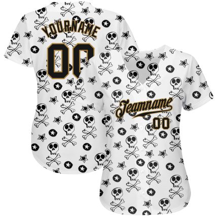 Custom 3D Skull Baseball Jersey - Personalized White Black Gold Design, Team Name & Number Personalized White Black-Old Gold
