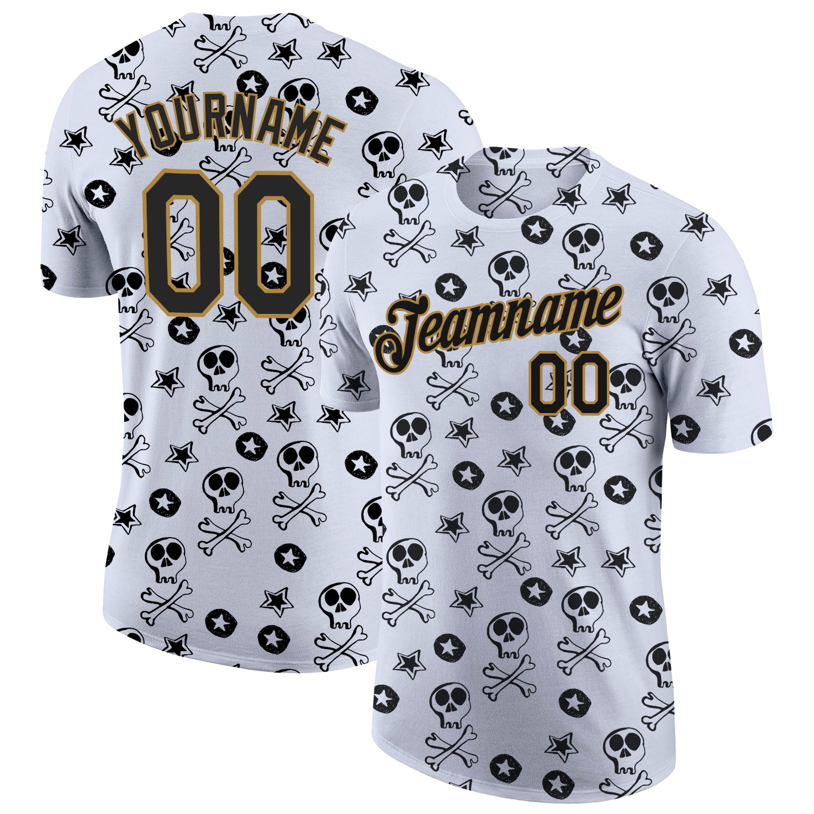 Custom Name and Number 3D Skull T-Shirt for Fashion Performance - Personalized White Black Old Gold Design Personalized White