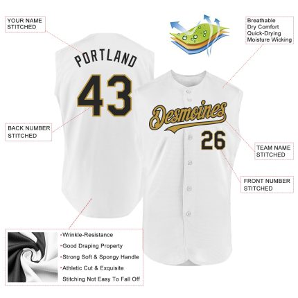 Personalized Authentic Sleeveless Baseball Jersey in White, Black & Old Gold Personalized White Black-Old Gold Authentic