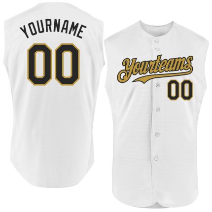 Personalized Authentic Sleeveless Baseball Jersey in White, Black & Old Gold Personalized White Black-Old Gold Authentic