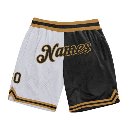 Custom Personalized Basketball Shorts with Team Name and Number - White Black Old Gold Fashion Throwback Split Design Personalized