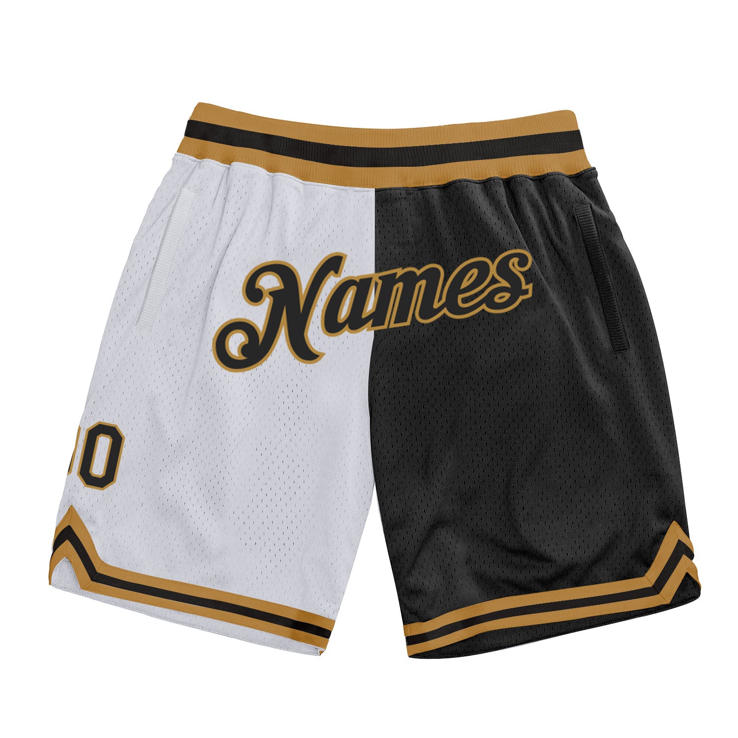 Custom Personalized Basketball Shorts with Team Name and Number - White Black Old Gold Fashion Throwback Split Design Personalized