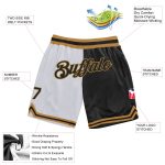 Custom Personalized Basketball Shorts with Team Name and Number - White Black Old Gold Fashion Throwback Split Design Personalized