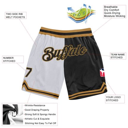 Custom Personalized Basketball Shorts with Team Name and Number - White Black Old Gold Fashion Throwback Split Design Personalized