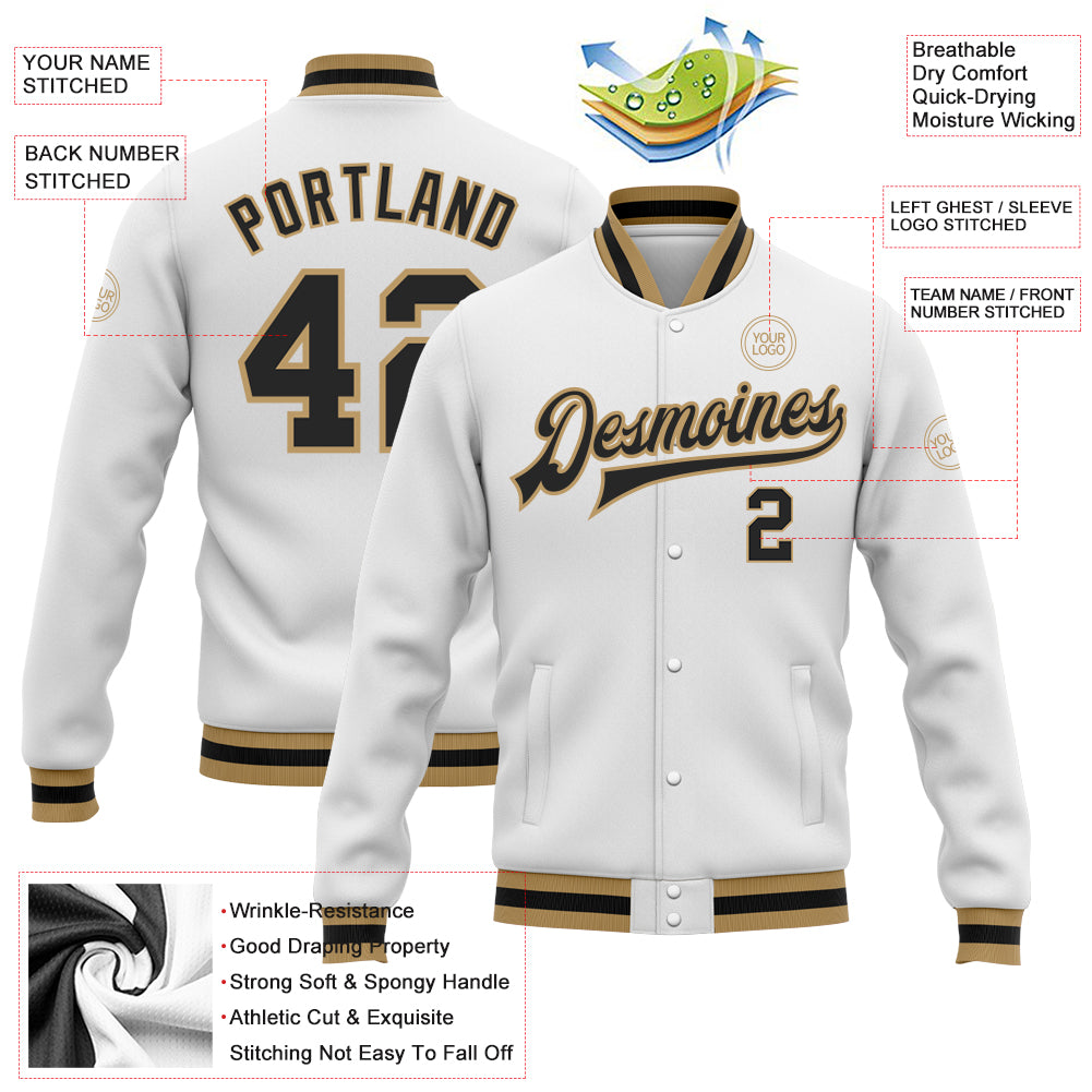 Personalized White Black-Old Gold Bomber Full-Snap Varsity Letterman Jacket Team Custom Name and Number Custom Name and Number Varsity Letterman Jacket - White and Black Old Gold Bomber Full-Snap Design Personalized White Black-Old - Image 3