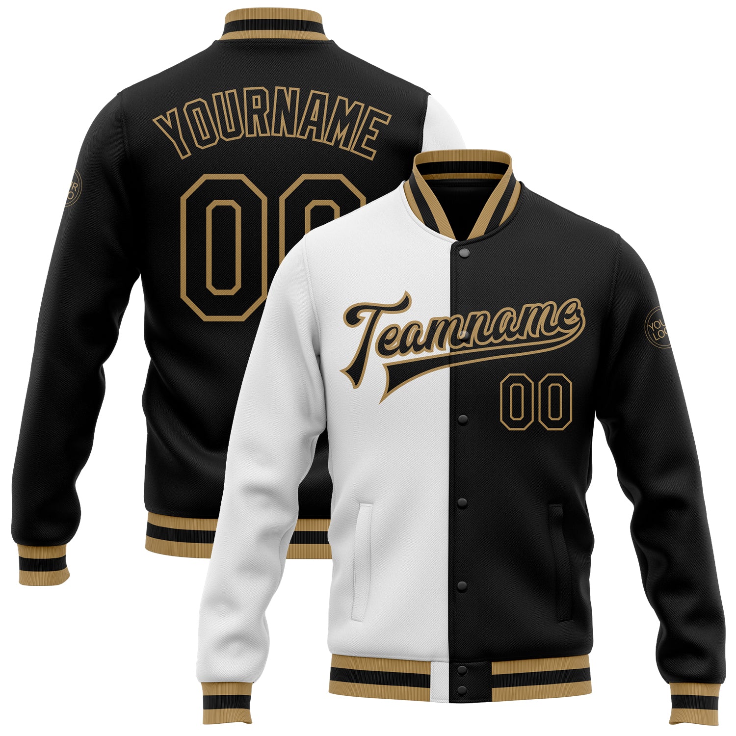 Custom Name Number Varsity Letterman Jacket Personalized Bomber Split Fashion in White Black and Gold Personalized White