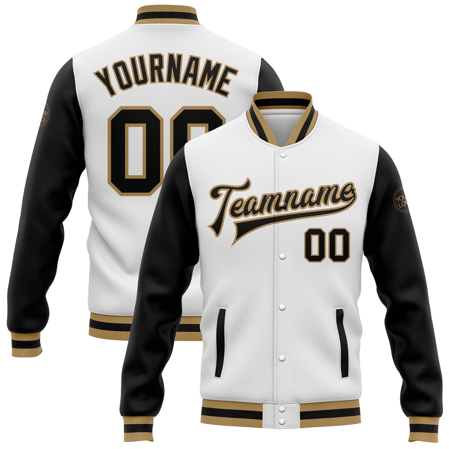 Custom Two Tone Varsity Letterman Jacket with Name and Number - Personalized Black White Old Gold Bomber Full-Snap Design