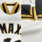 Custom Two Tone Varsity Letterman Jacket with Name and Number - Personalized Black White Old Gold Bomber Full-Snap Design