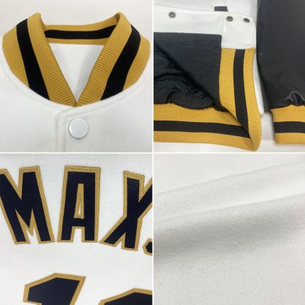 Custom Two Tone Varsity Letterman Jacket with Name and Number - Personalized Black White Old Gold Bomber Full-Snap Design