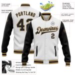 Custom Two Tone Varsity Letterman Jacket with Name and Number - Personalized Black White Old Gold Bomber Full-Snap Design