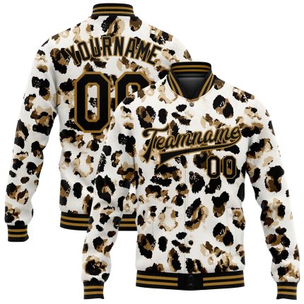 Personalized Leopard Print 3D Pattern Bomber Jacket - White Black Gold Varsity Full-Snap Letterman Jacket Personalized White