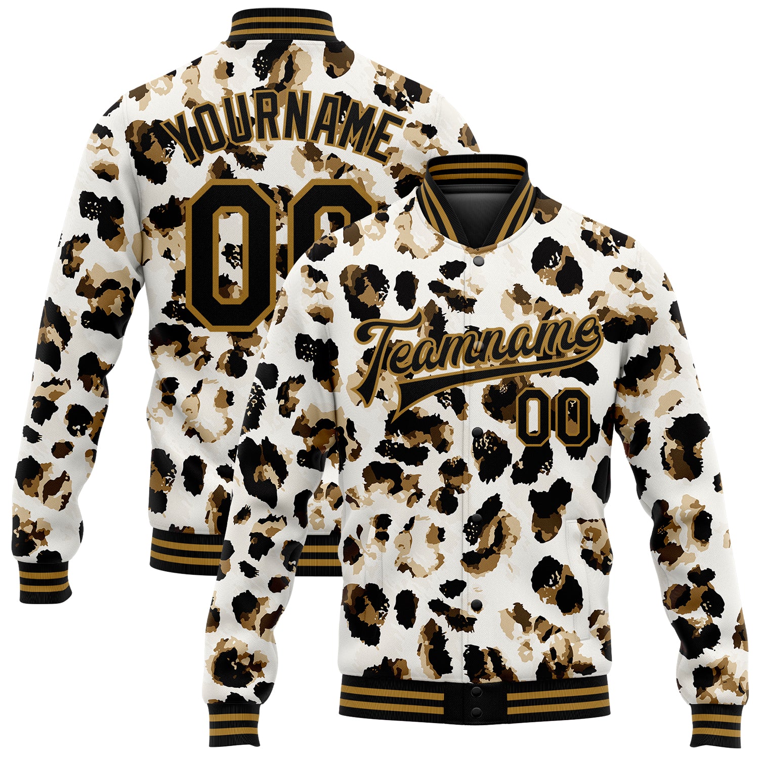 Personalized Leopard Print 3D Pattern Bomber Jacket - White Black Gold Varsity Full-Snap Letterman Jacket Personalized White