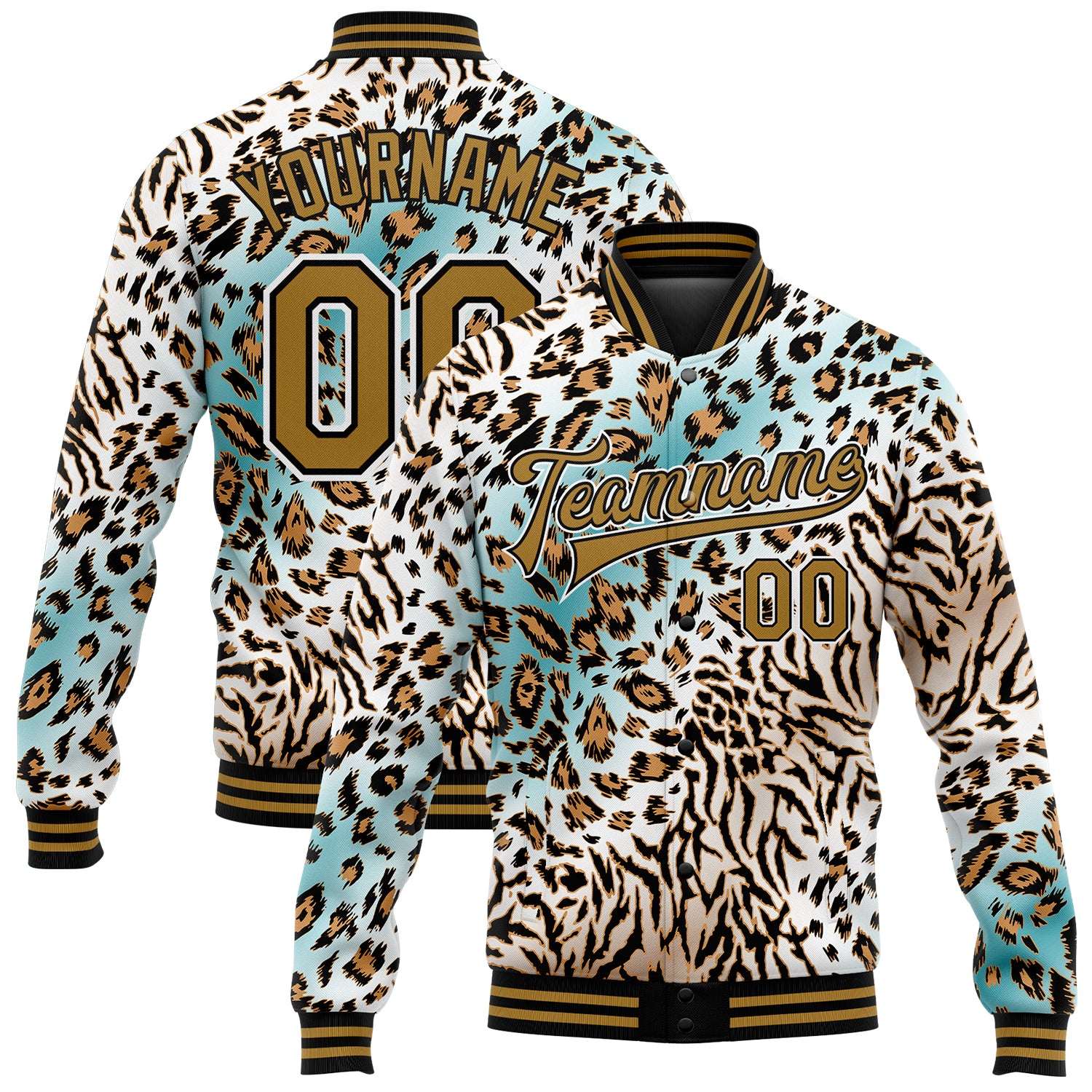Custom Name and Number Varsity Letterman Jacket - Personalized 3D Leopard Print Bomber in White Black Old Gold Design Personalized