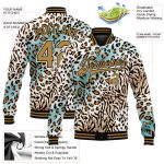 Custom Name and Number Varsity Letterman Jacket - Personalized 3D Leopard Print Bomber in White Black Old Gold Design Personalized