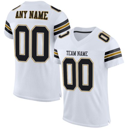 Custom Authentic Football Jersey Personalized with Name and Number - White Black Gold Mesh Personalized White Black-Old Gold