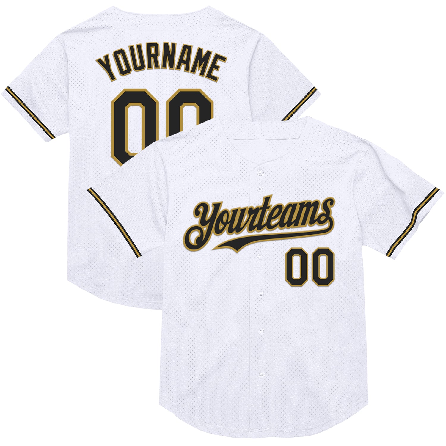 Custom Authentic Throwback Baseball Jersey with Personalized Name and Number - White Black Gold Mesh Team Apparel Personalized