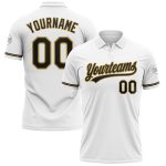 Custom Performance Golf Polo Shirt with Team Name and Number - Personalized White Black and Old Gold Design Personalized