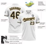 Custom Performance Golf Polo Shirt with Team Name and Number - Personalized White Black and Old Gold Design Personalized