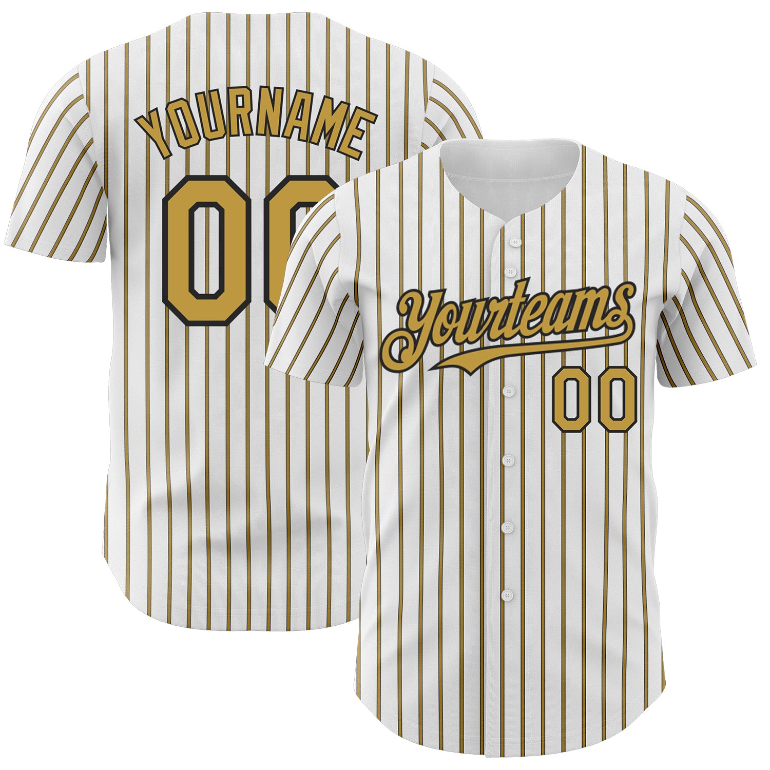 Customizable Old Gold-Black Baseball Jersey with Personalized Name and Number - White (Black Old Gold Pinstripe) Design Personalized