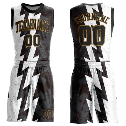 Personalized Basketball Jersey Sublimation Suit Round Neck in White Black Old Gold Personalized White Black-Old Gold Round