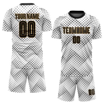 Personalized Sublimation Soccer Jersey in White, Black, and Old Gold Personalized White Black-Old Gold Sublimation Soccer