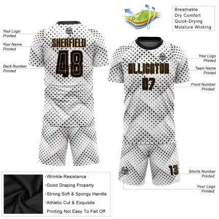 Personalized Sublimation Soccer Jersey in White, Black, and Old Gold Personalized White Black-Old Gold Sublimation Soccer
