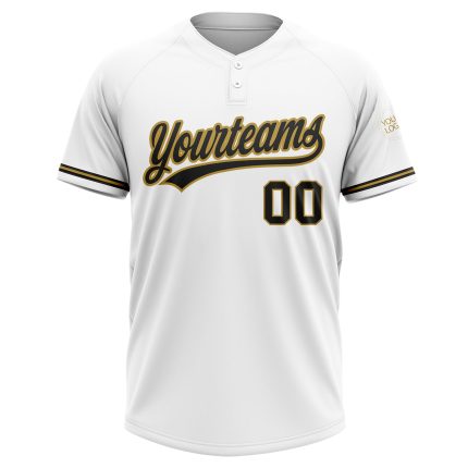 Custom white, black and old gold softball jersey, back view