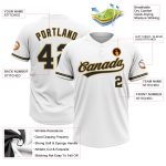 Custom white, black and old gold softball jersey, detail of the printed panel