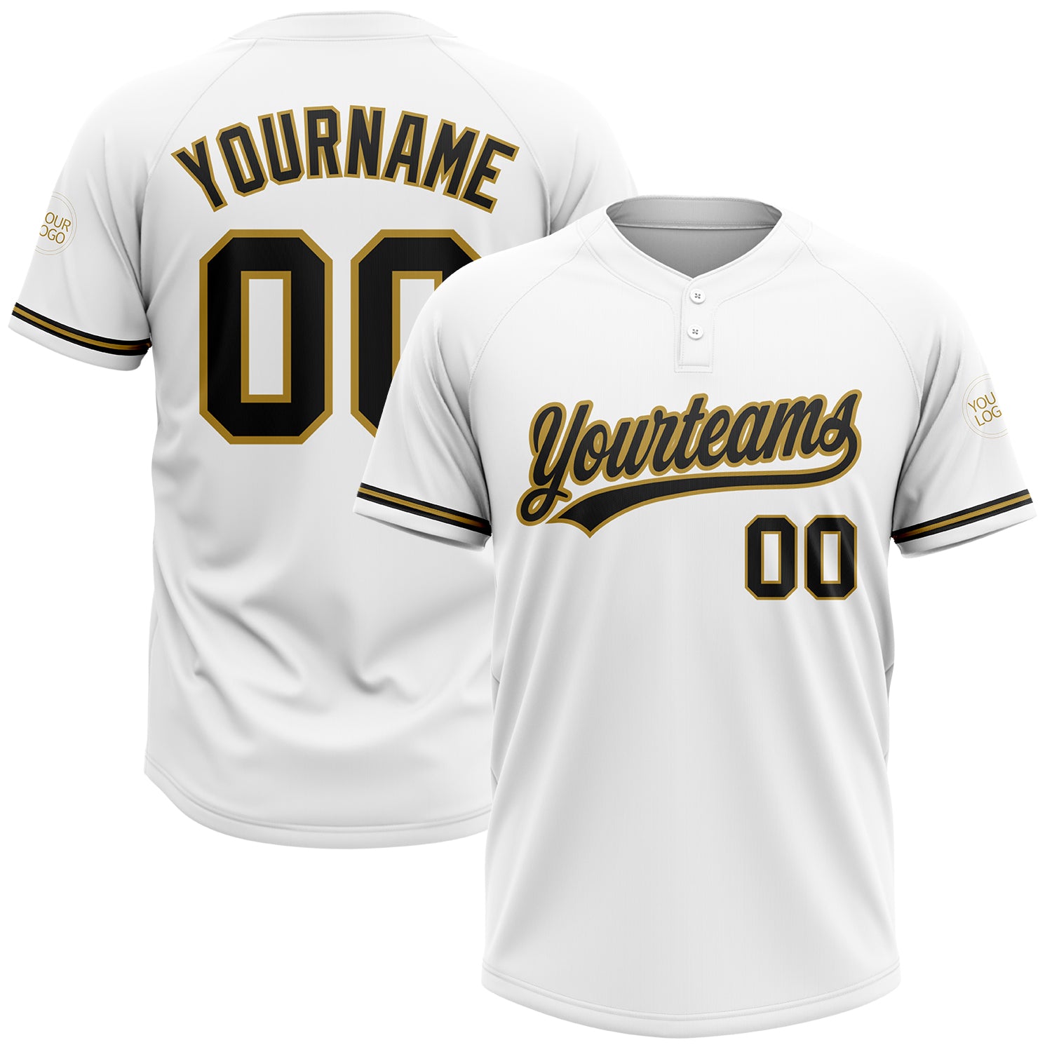 Custom Unisex Softball Jersey with Personalized Name & Number - White Black Old Gold Two-Button Design Personalized White
