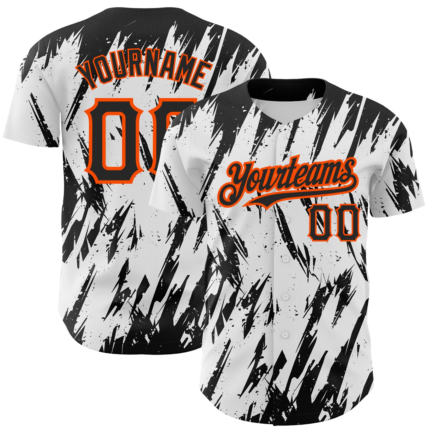 Custom Name and Number 3D Pattern Abstract Baseball Jersey - Personalized Sharp Shape Team Design in White Black-Orange Personalized