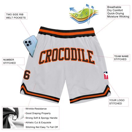 Custom Team Basketball Shorts - Personalized Authentic Throwback - White Black-Orange with Name and Number Personalized White