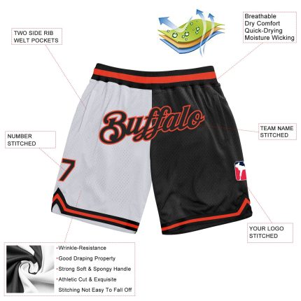 Custom Team Name Number Basketball Shorts - Personalized Black Orange White Authentic Throwback Split Fashion Personalized