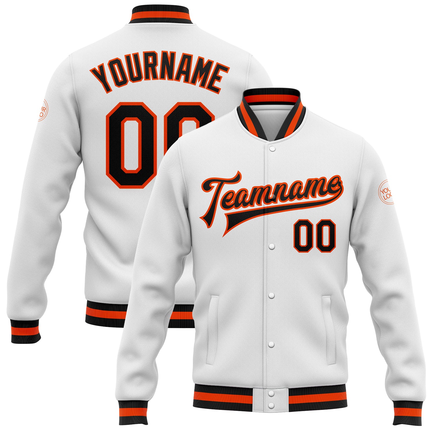 Customizable Varsity Bomber Jacket with Name & Number in White, Black, and Orange - Full-Snap Letterman Style Personalized