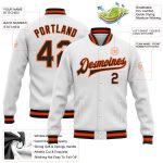 Customizable Varsity Bomber Jacket with Name & Number in White, Black, and Orange - Full-Snap Letterman Style Personalized