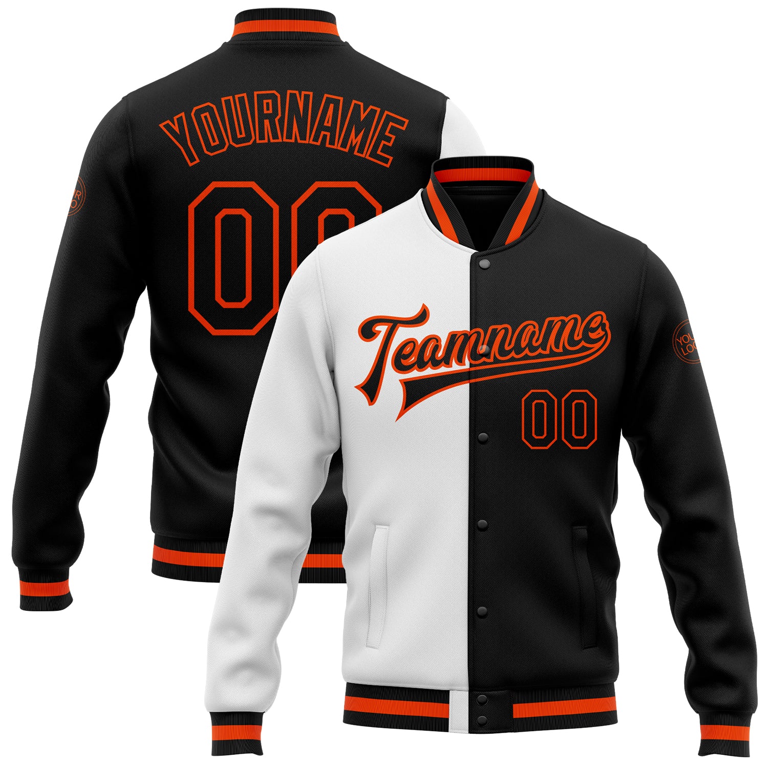 Custom Name Number Bomber Jacket for Men and Women - White Black-Orange Varsity Letterman Full-Snap Fashion Coat Personalized