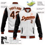 Personalized Bomber Jacket White Black-Orange Two Tone Varsity Letterman Full-Snap Personalized White Black-Orange Bomber