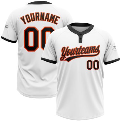 Custom Name and Number Two-Button Unisex Softball Jersey - Personalized White Black-Orange Team Apparel Personalized White