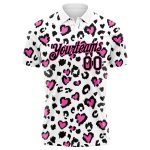 Custom Leopard Print Golf Polo Shirt with 3D Pattern, Personalized White Black-Pink Design, Team Name and Number Personalized