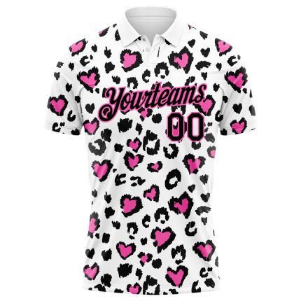 Custom Leopard Print Golf Polo Shirt with 3D Pattern, Personalized White Black-Pink Design, Team Name and Number Personalized