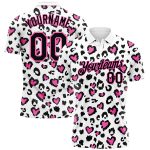 Custom Leopard Print Golf Polo Shirt with 3D Pattern, Personalized White Black-Pink Design, Team Name and Number Personalized