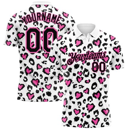 Custom Leopard Print Golf Polo Shirt with 3D Pattern, Personalized White Black-Pink Design, Team Name and Number Personalized