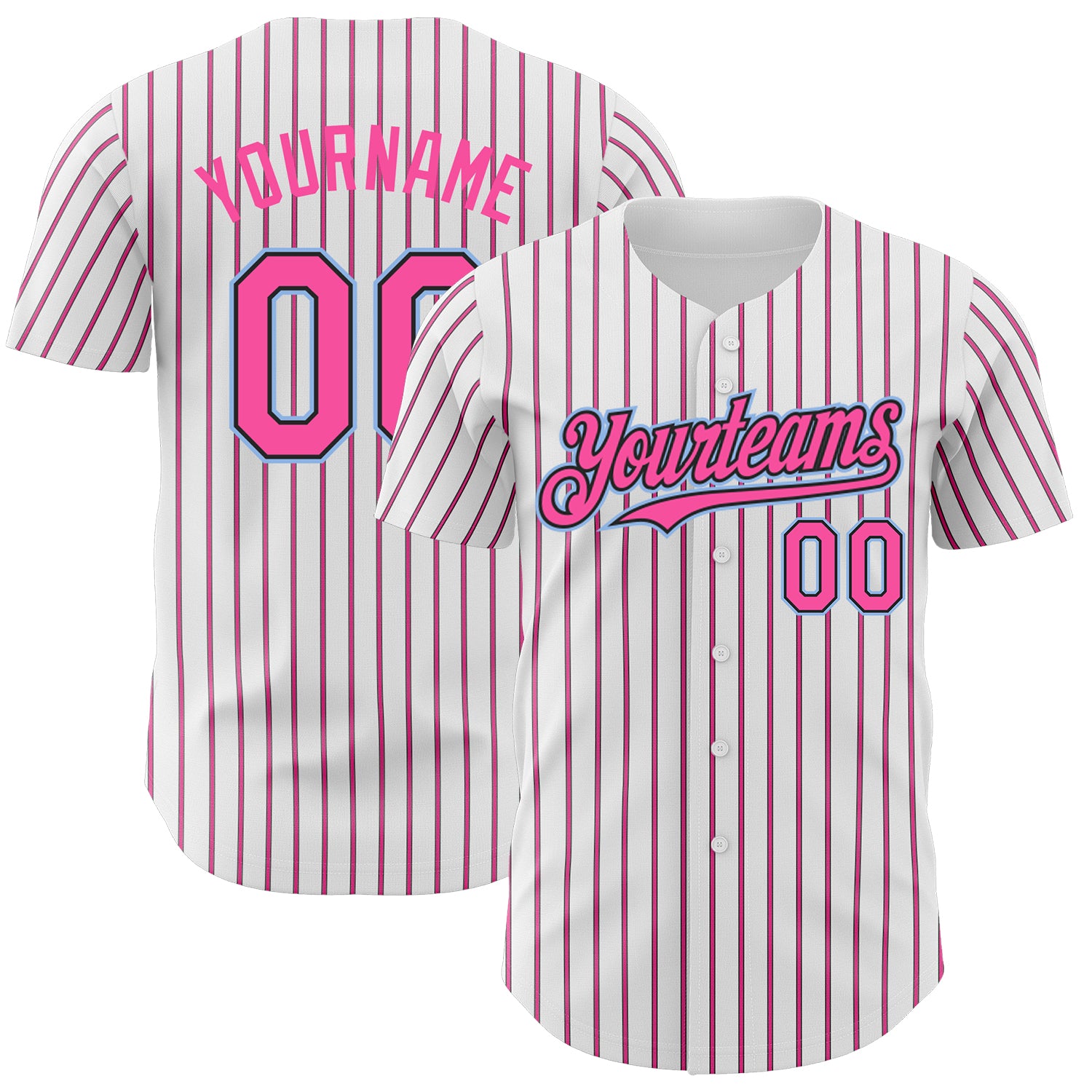 Personalized Authentic Baseball Jersey with Custom Name & Number, Black Pink Pinstripe, Light Blue, White - Team Apparel