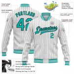 Custom Team Name Number Aqua Bomber Varsity Jacket White Black Pinstripe Full-Snap Letterman Jacket Personalized White Black
