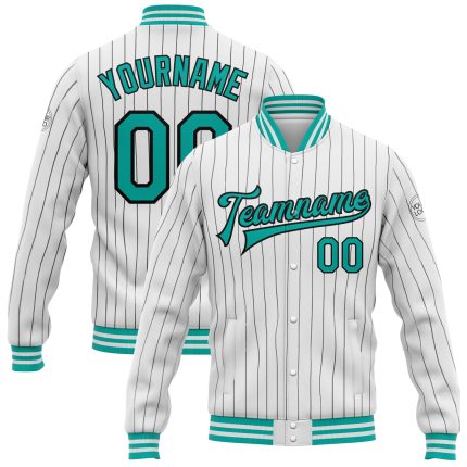 Custom Team Name Number Aqua Bomber Varsity Jacket White Black Pinstripe Full-Snap Letterman Jacket Personalized White Black