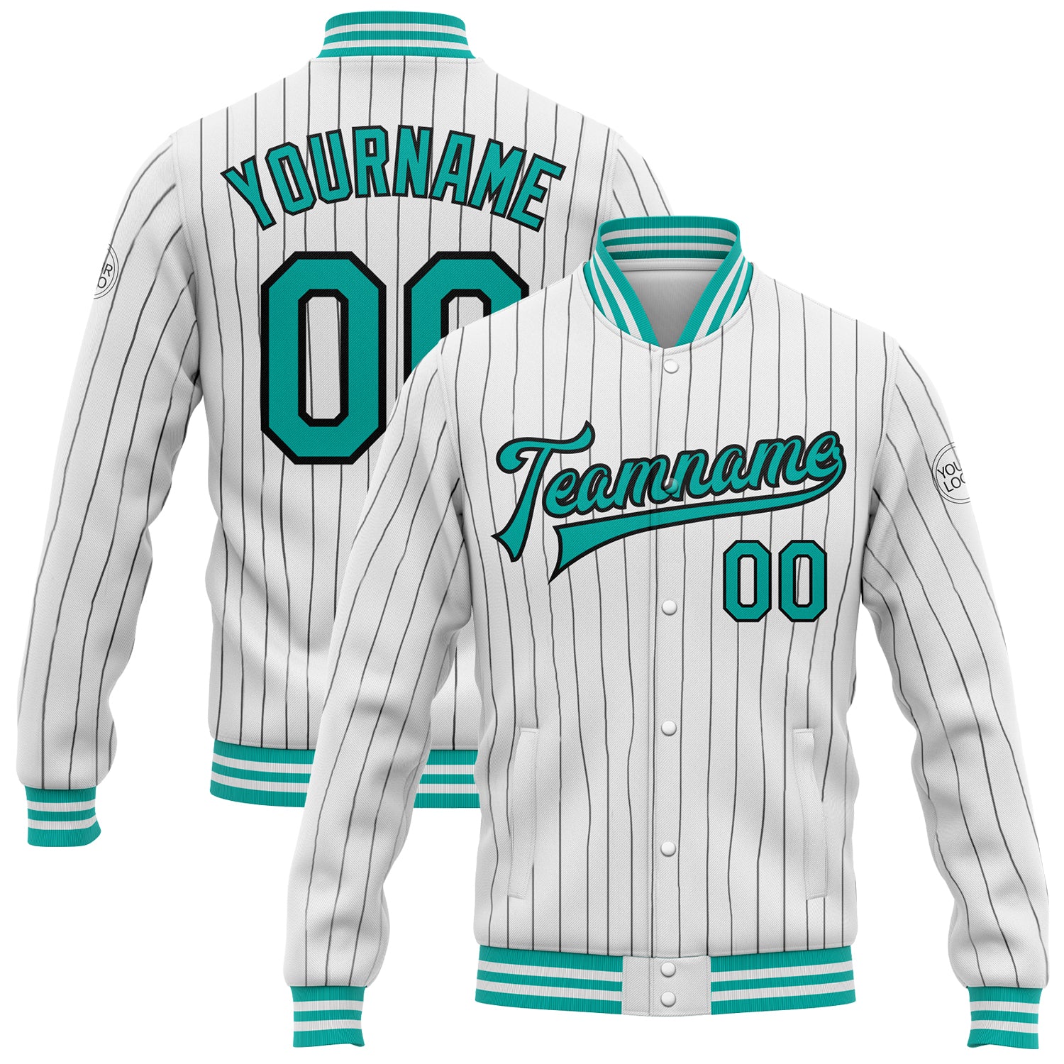 Custom Team Name Number Aqua Bomber Varsity Jacket White Black Pinstripe Full-Snap Letterman Jacket Personalized White Black